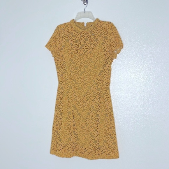 Zara Basic Collection Lace Floral A Line Dress Mustard Yellow Collared Large - Picture 2 of 8